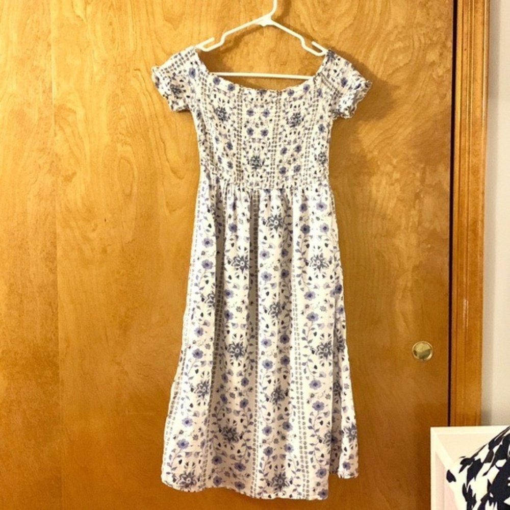 White/Blue Floral Off The Shoulder Midi Dress